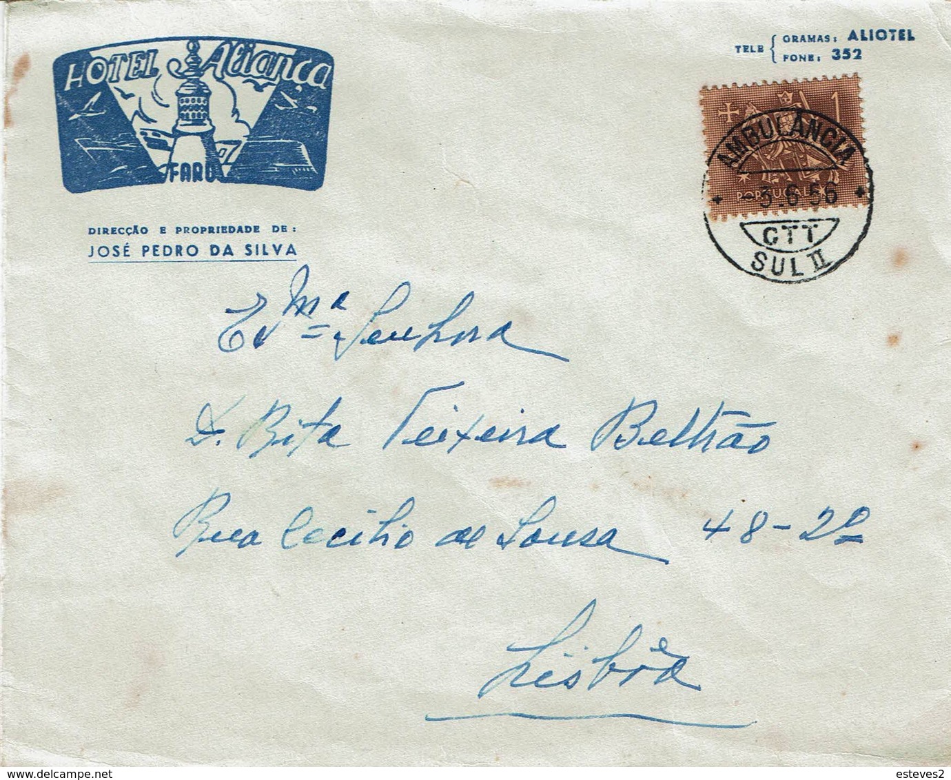 Portugal , 1956 , AMBULÂNCIA SUL II  Postmark , Hotel Aliança Advertising - Marcofilia