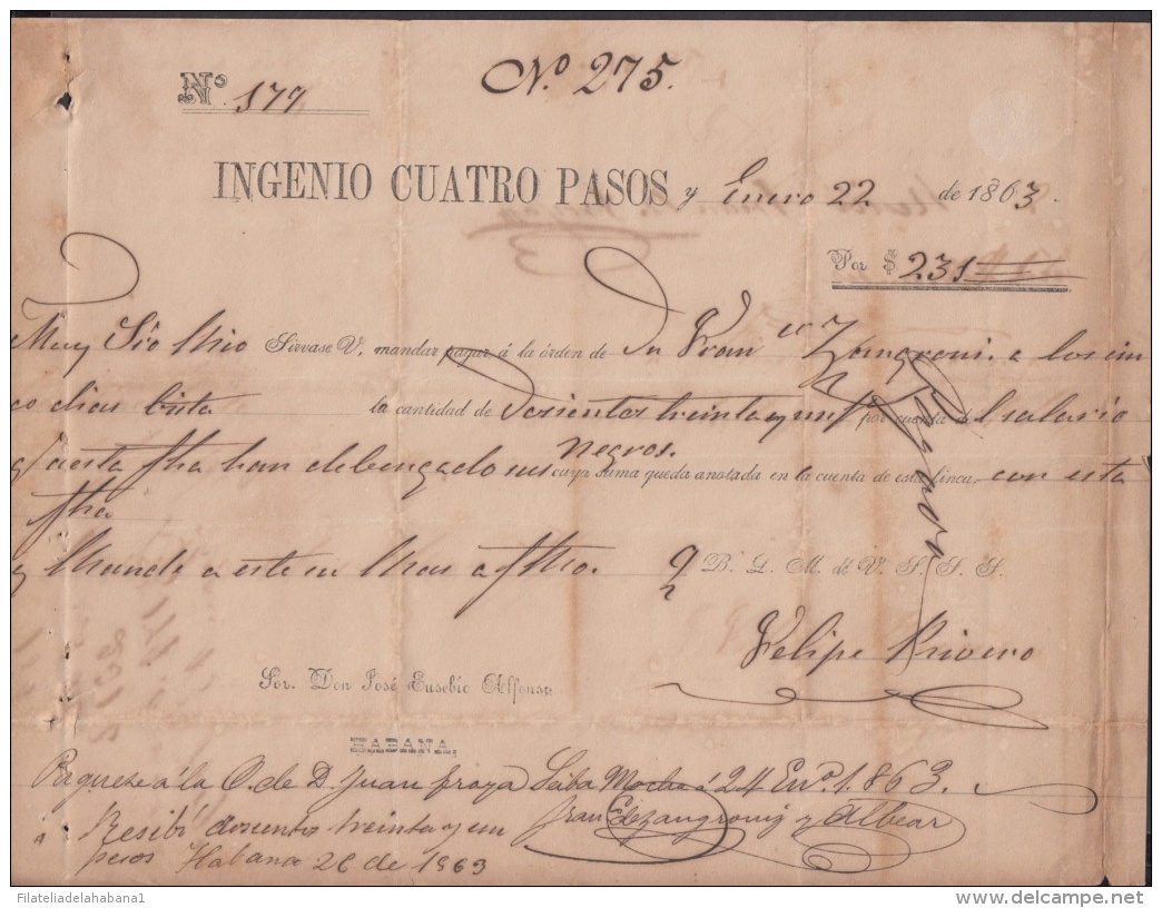 E6168 CUBA SPAIN ESPAÑA. 1863. SUGAR MILLS CUATRO PASOS. INGENIO CUATRO PASOS. - Historische Dokumente