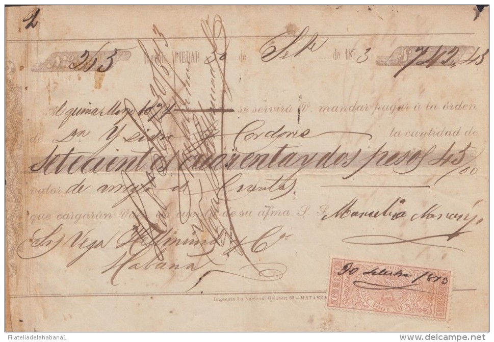 E6201 CUBA SPAIN ESPAÑA. 1873. SUGAR MILLS PIEDAD. REVENUE GIROS. - Documents Historiques