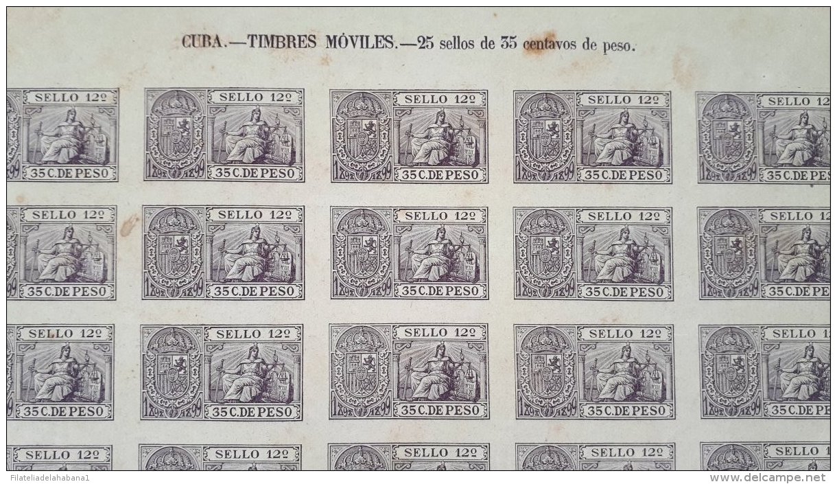 SG557 CUBA SPAIN ESPAÑA. 1898. 35c SELLO 12. REVENUE TAX COMPLETE SHEET OF 25. - Strafport