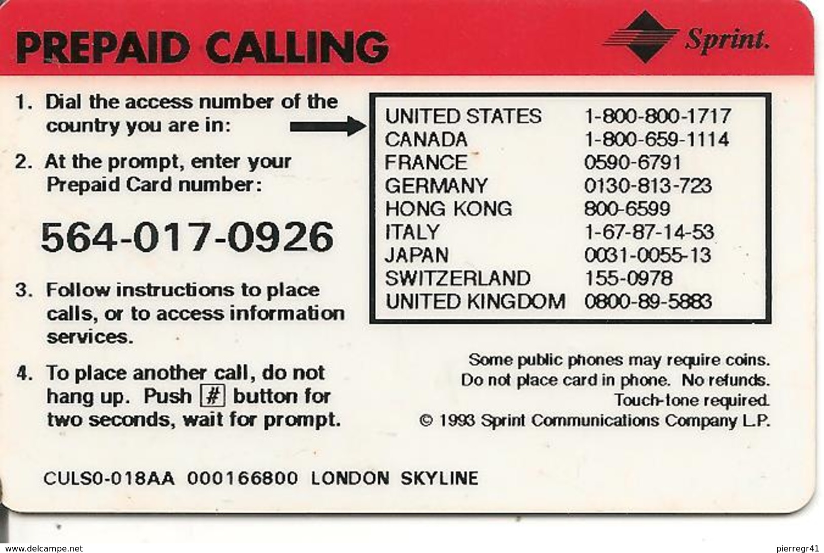 1 CARTE -PREPAYEE-US-1993-20$-LONDON SKYLINE-TBE-RARE - Sprint