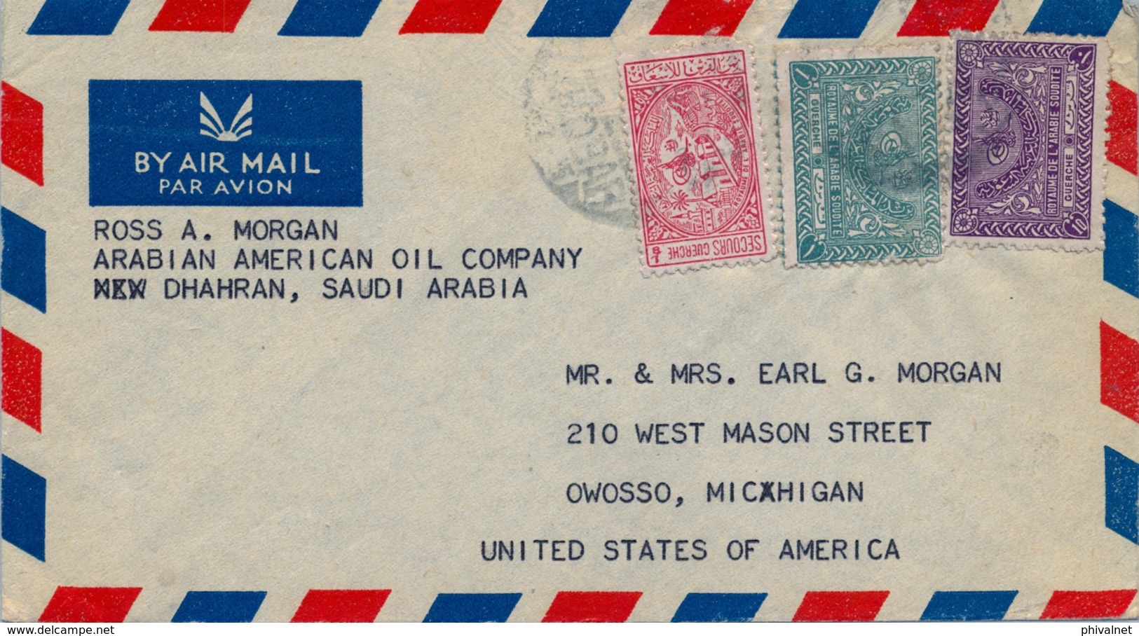 1947 - 1948  ARABIA SAUDITA , SOBRE CIRCULADO ENTRE DHAHRAN Y OWOSSO - Arabia Saudita