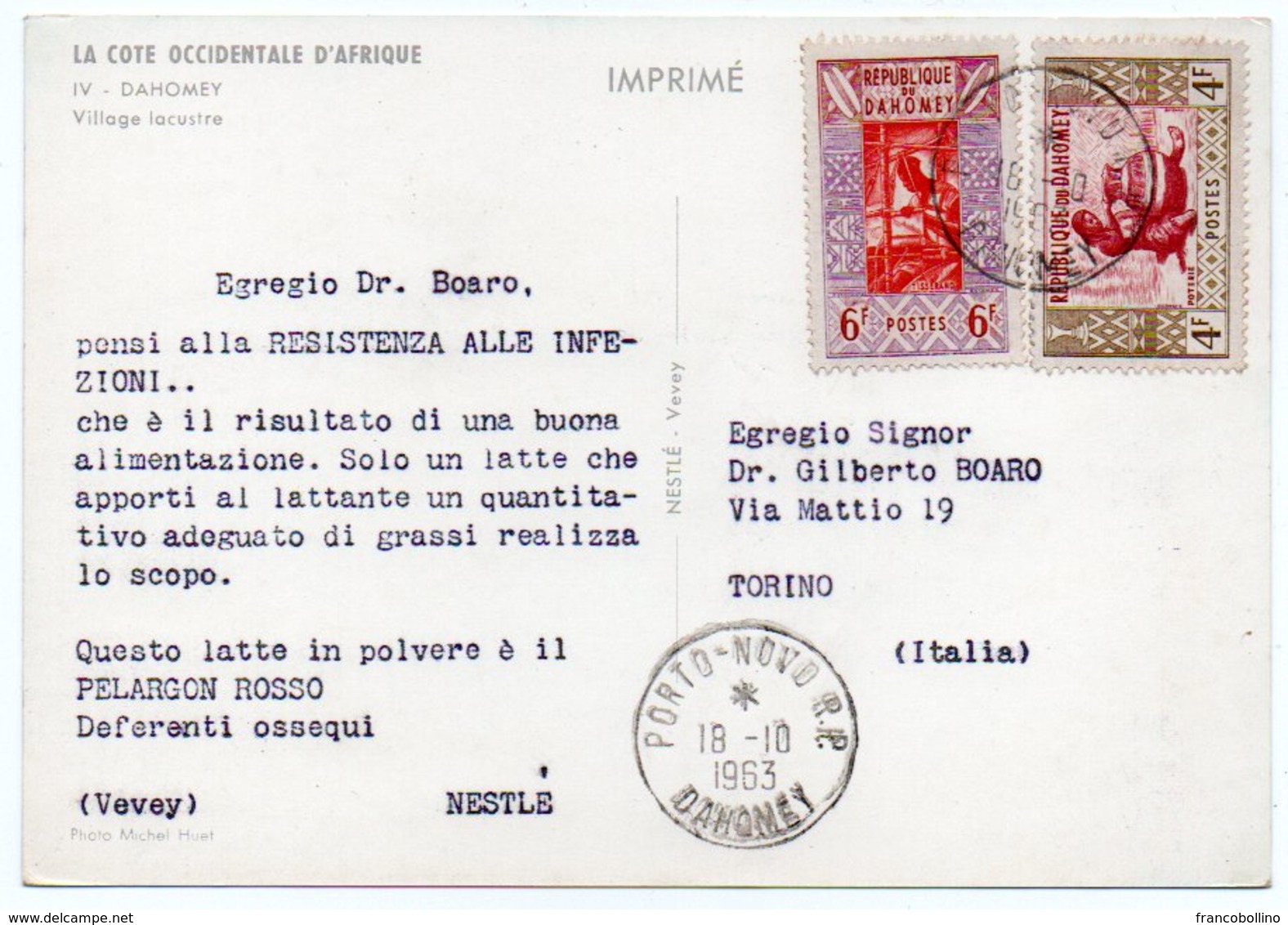 DEAR DOCTOR TYPE PUBL. PELARGON ROSSO - NESTLE' / DAHOMEY / BENIN VILLAGE LACUSTRE - Benin - Dahomey (1960-...)