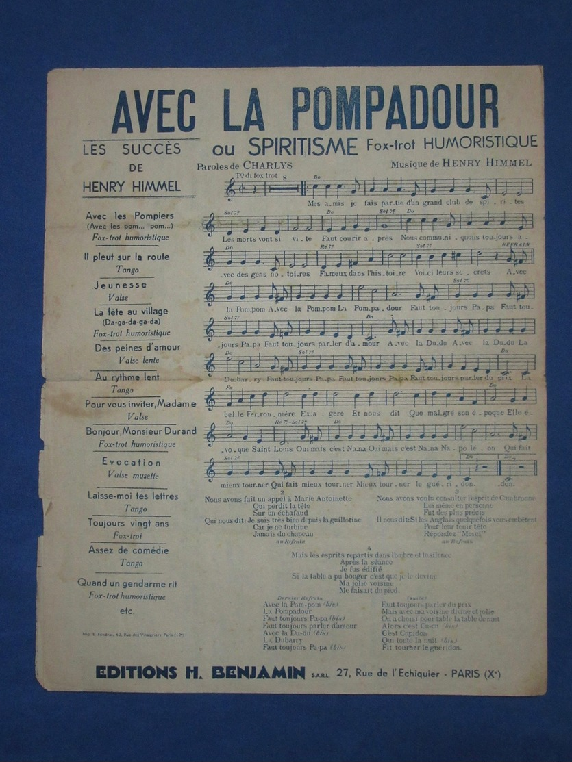 CAF CONC RECUEIL DELCROIX RUE PARTITION MAGIE SPIRITISME AVEC LA POMPADOUR CHARLYS HIMMEL ADISON PAQUET 1935 ETC - Autres & Non Classés