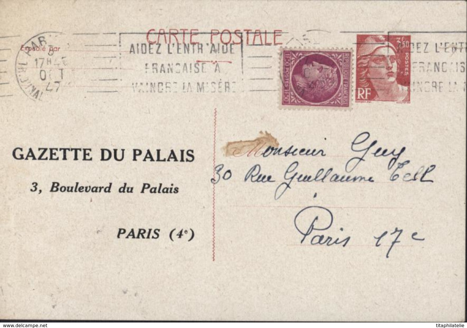 Entier 3.5 Brun Marianne Gandon Neuve Repiquage Gazette Du Palais Paris CAD Paris 3 Oct 47 Storch E1 Cote 30 Euros - AK Mit Aufdruck (vor 1995)