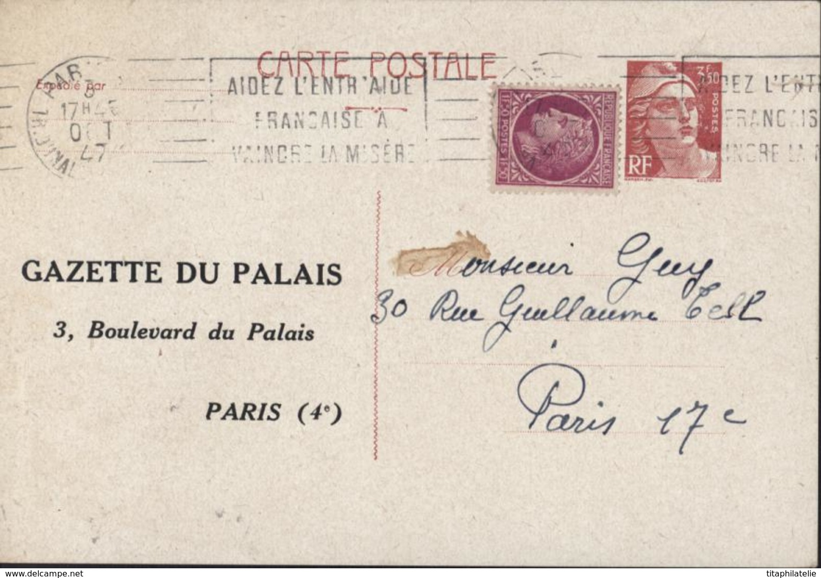 Entier 3.5 Brun Marianne Gandon Neuve Repiquage Gazette Du Palais Paris CAD Paris 3 Oct 47 Storch E1 Cote 30 Euros - Cartoline Postali Ristampe (ante 1955)