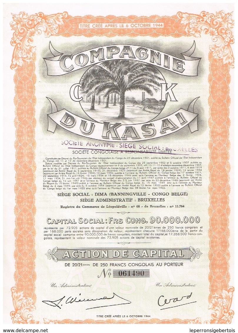 Ancienne Action Congolaise - Compagnie Du Kasaï - Agridus - N° 061490 - Agriculture