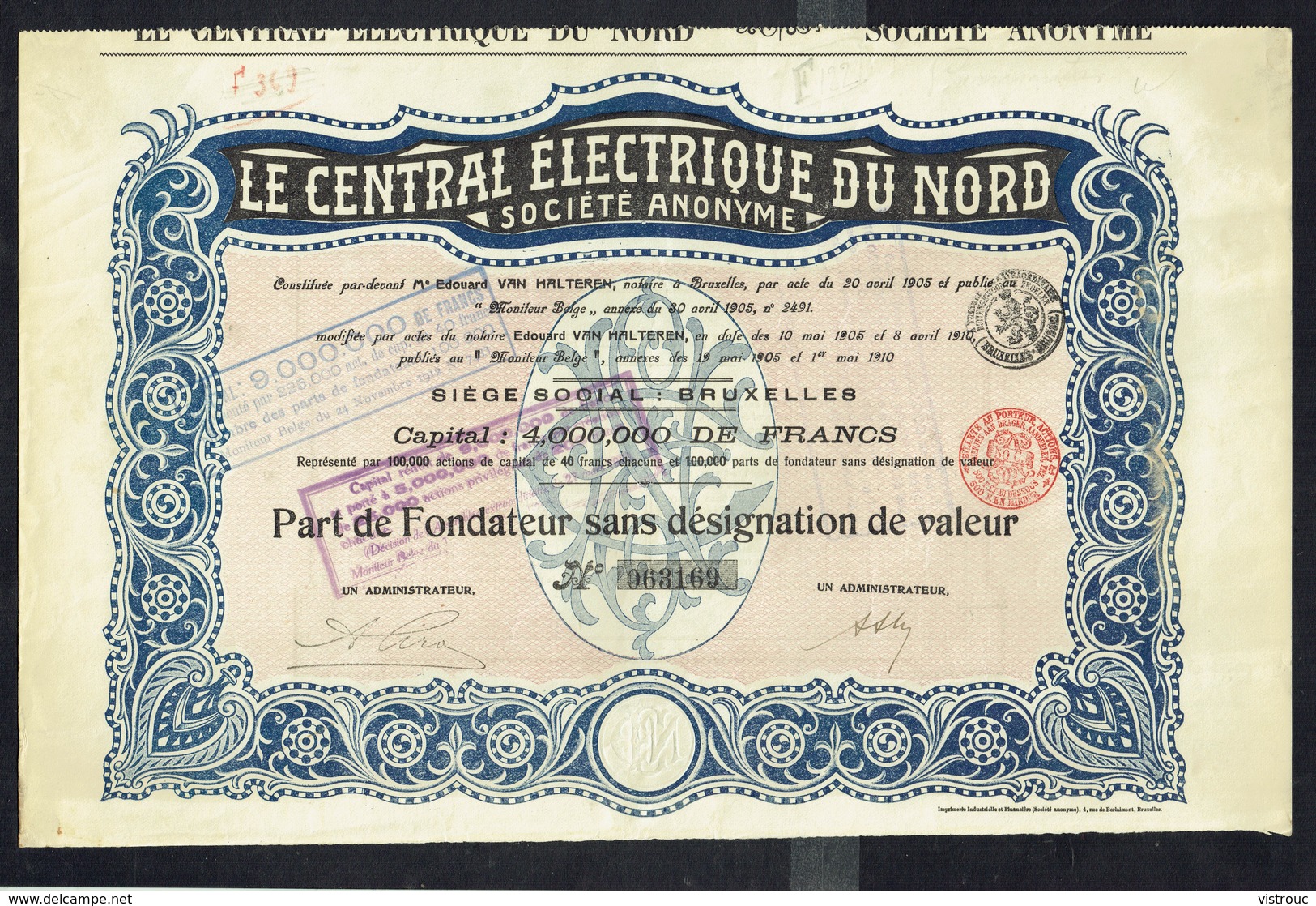 Le CENTRAL ELECTRIQUE DU NORD S.A. - Part De Fondateur - 1910. - Elektrizität & Gas