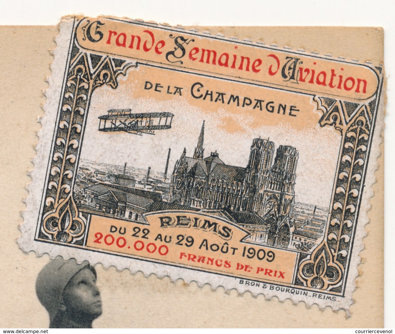 Vignette "Grande Semaine D'Aviation De La Champagne - Reims - Août 1909" Sur CP De Reims (Jeanne D'Arc) Affr 5c Semeuse - Brieven En Documenten