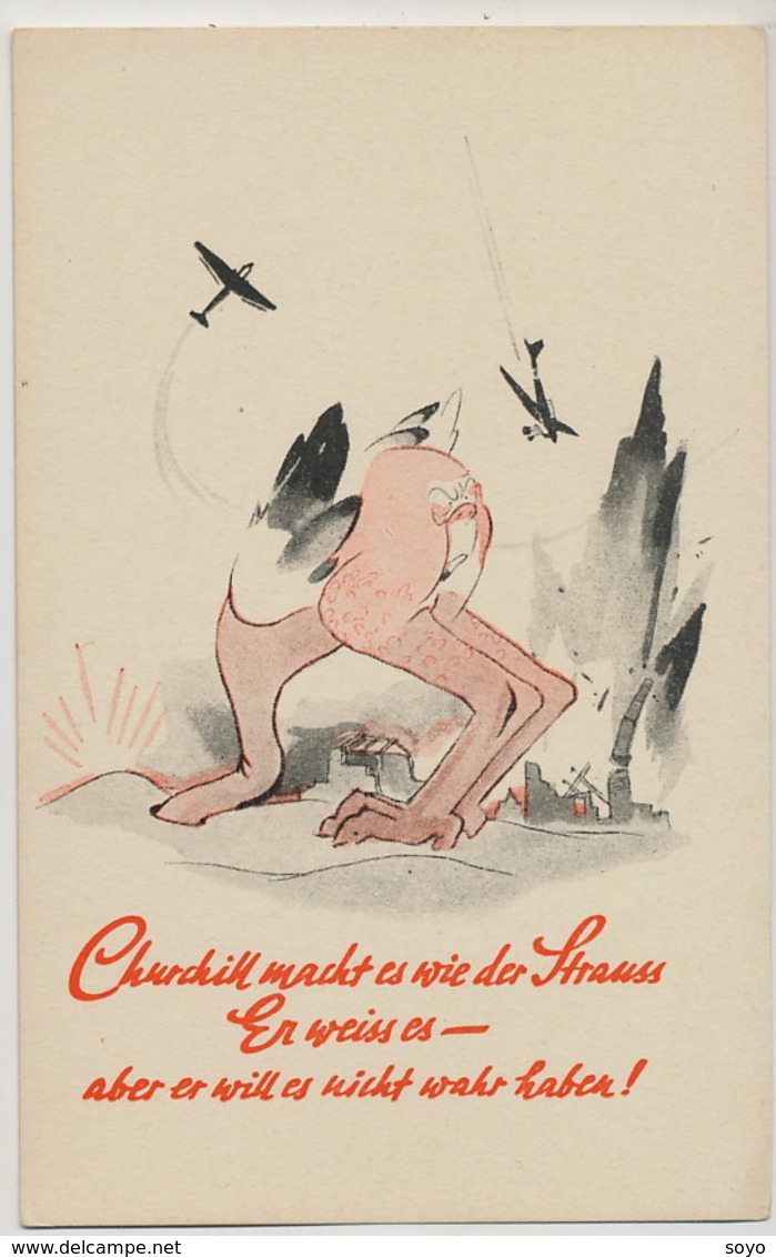 Winston Churchill Caricature German Anti British Card WWII Airplane Bombing Ostrish Hiding In Sand - Politieke En Militaire Mannen