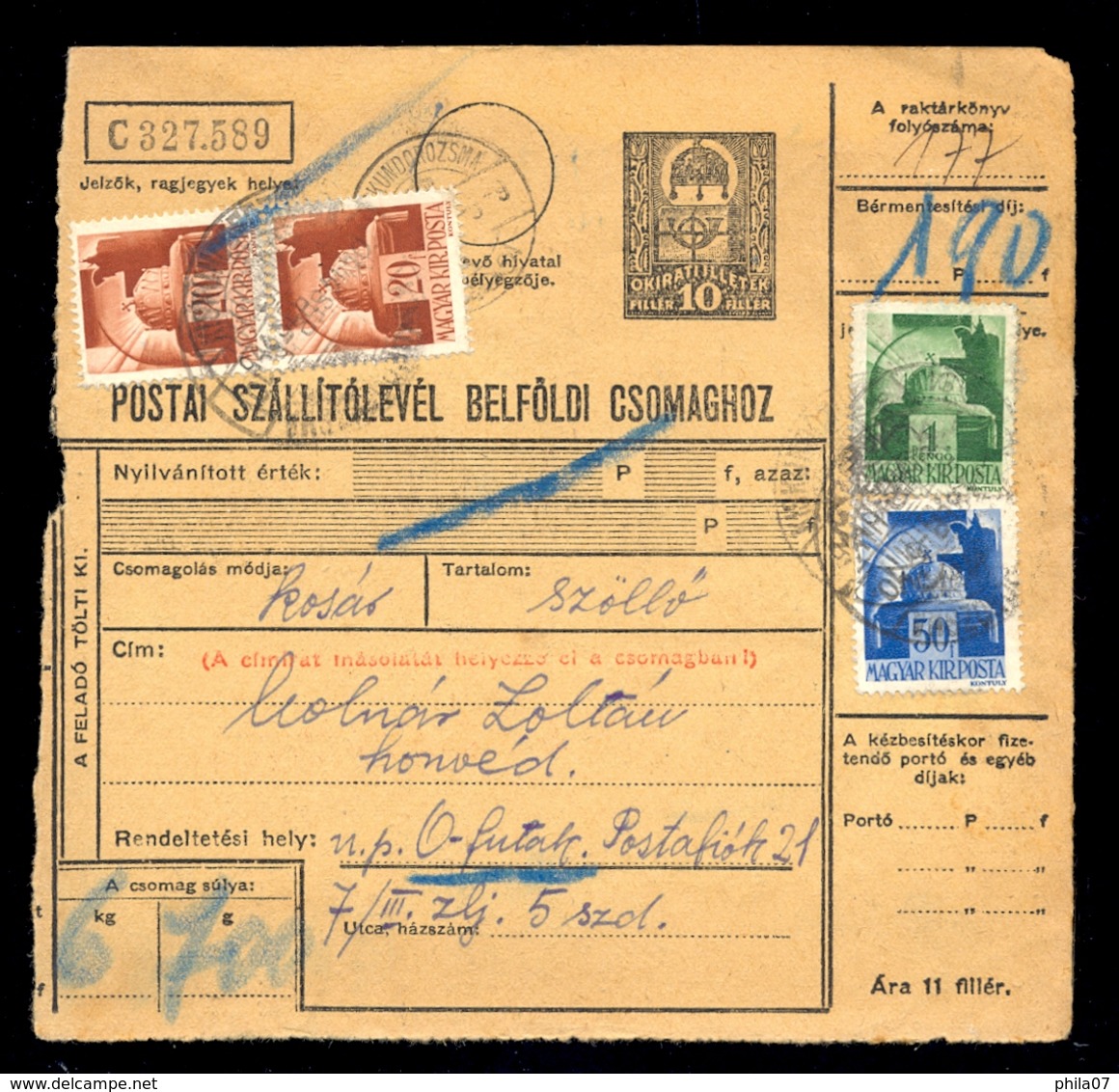 Hungary - Parcel Card Sent From Kundorozsma To Ofutak 1944. / 2 Scans - Autres & Non Classés