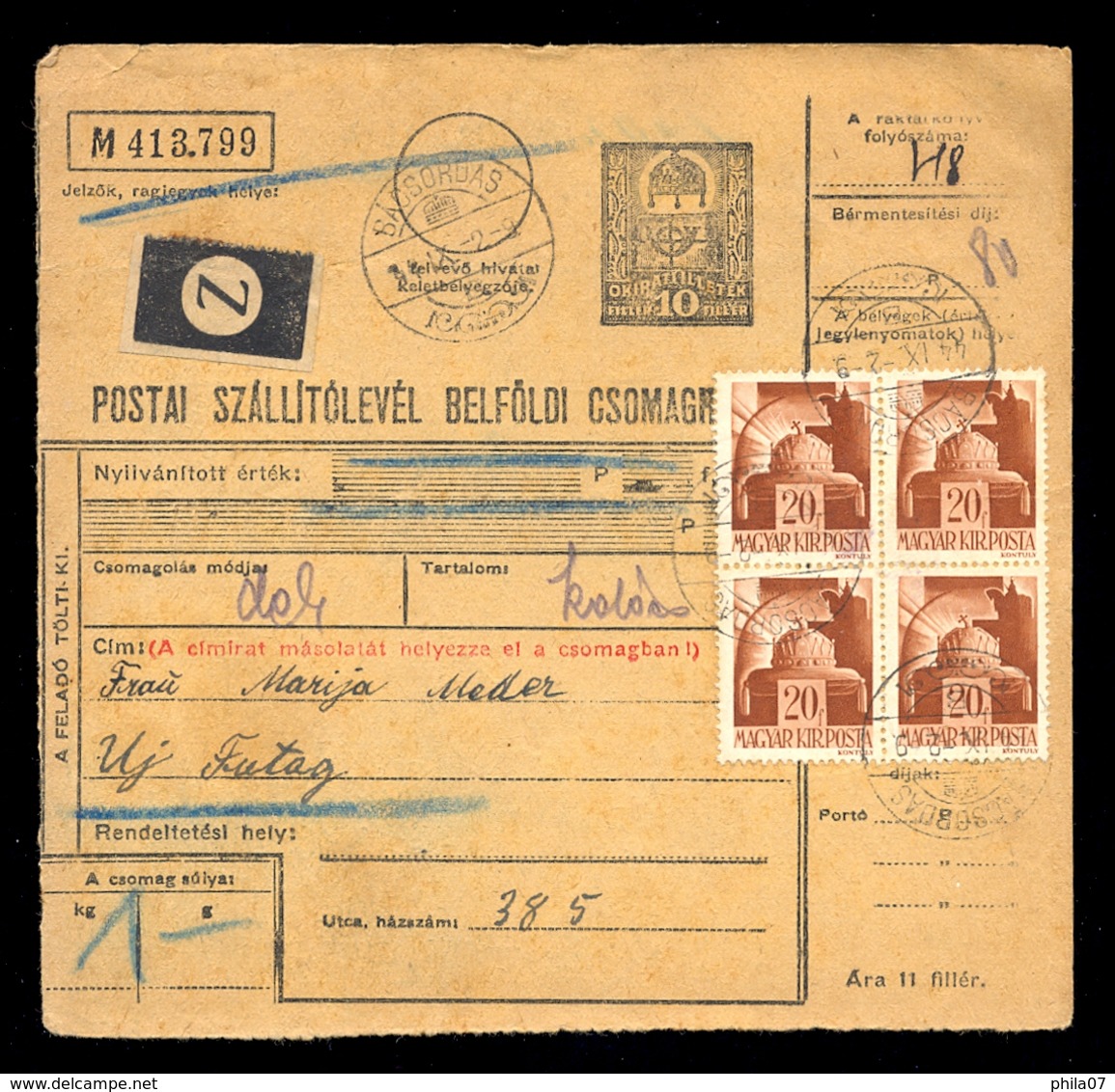 Hungary - Parcel Card Sent From Badsordas To Ofutak 1944. / 2 Scans - Altri & Non Classificati