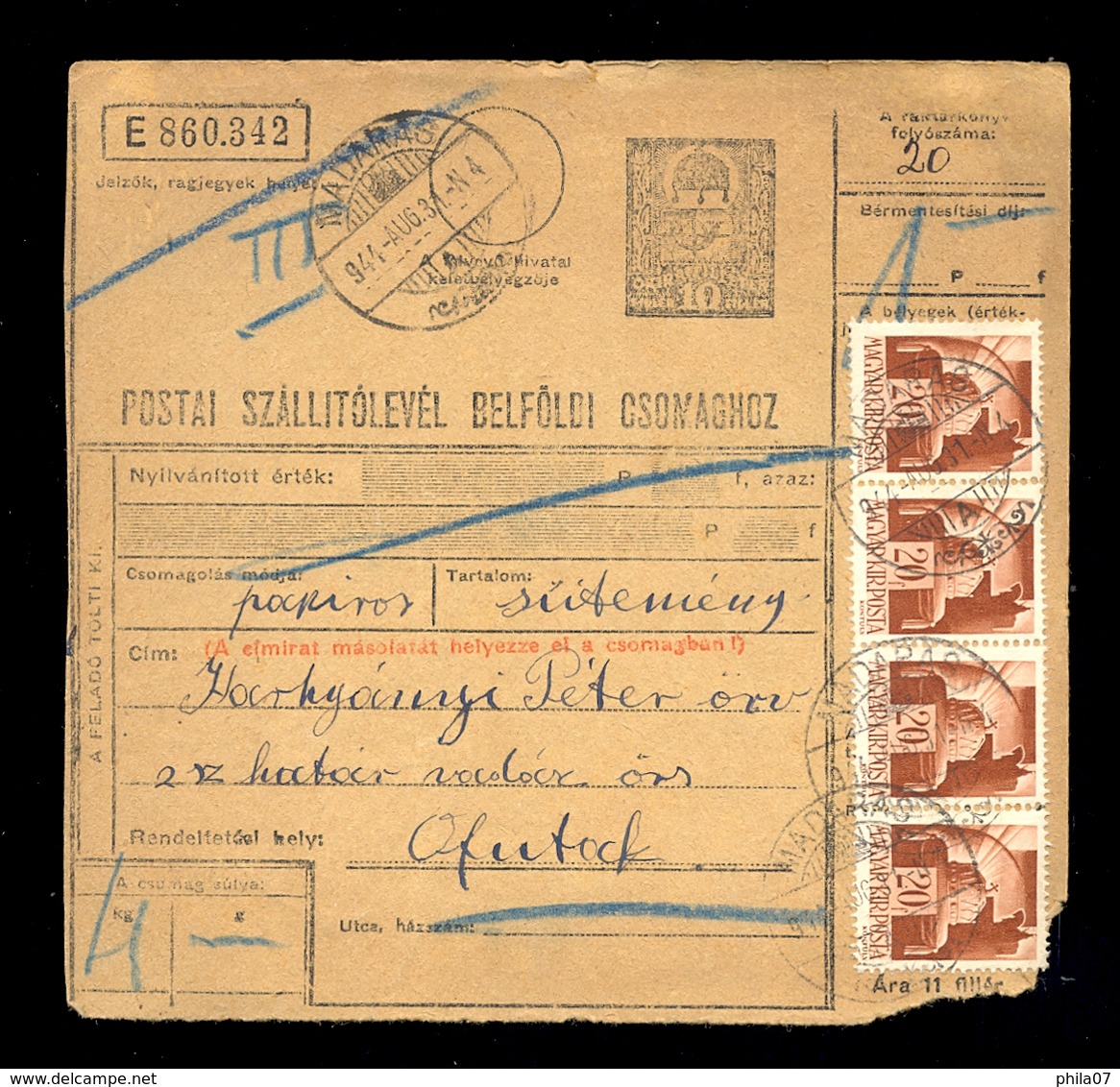 Hungary - Parcel Card Sent From Madaras To Ofutak 1944. / 2 Scans - Autres & Non Classés