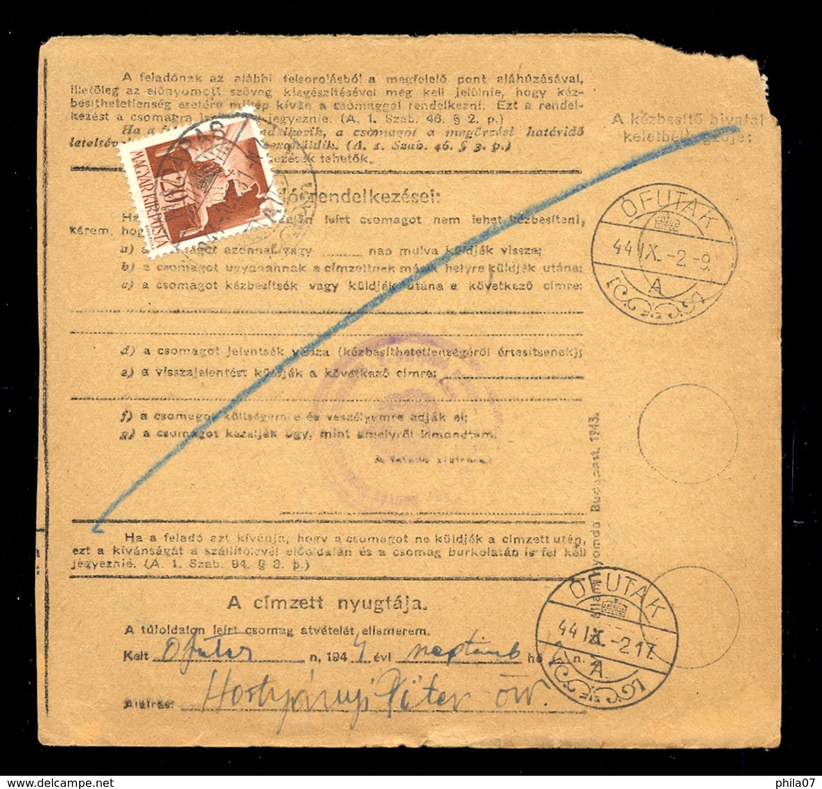 Hungary - Parcel Card Sent From Madaras To Ofutak 1944. / 2 Scans - Sonstige & Ohne Zuordnung