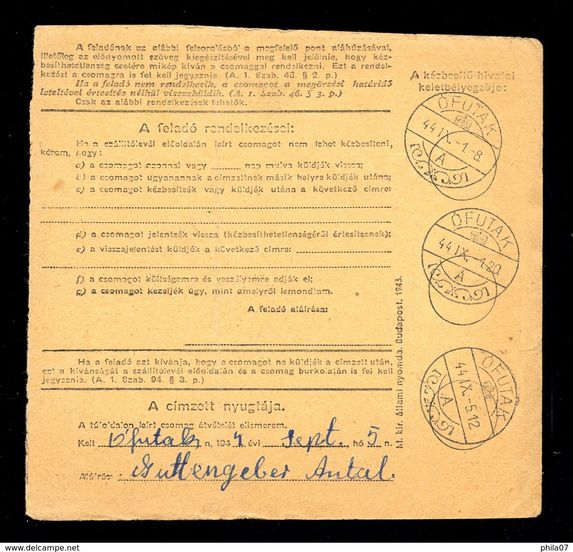 Hungary - Parcel Card Sent From Budapest To Ofutak 1944. / 2 Scans - Autres & Non Classés