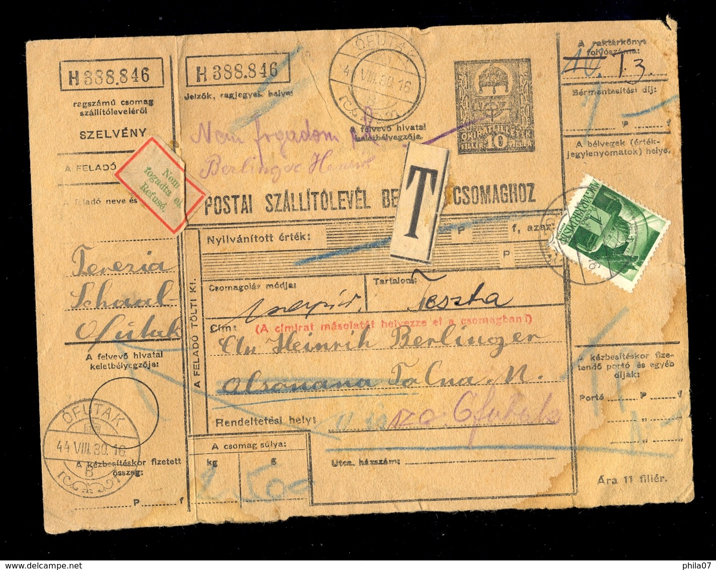 Hungary - Parcel Card Sent To Ofutak 1944. / 2 Scans - Sonstige & Ohne Zuordnung
