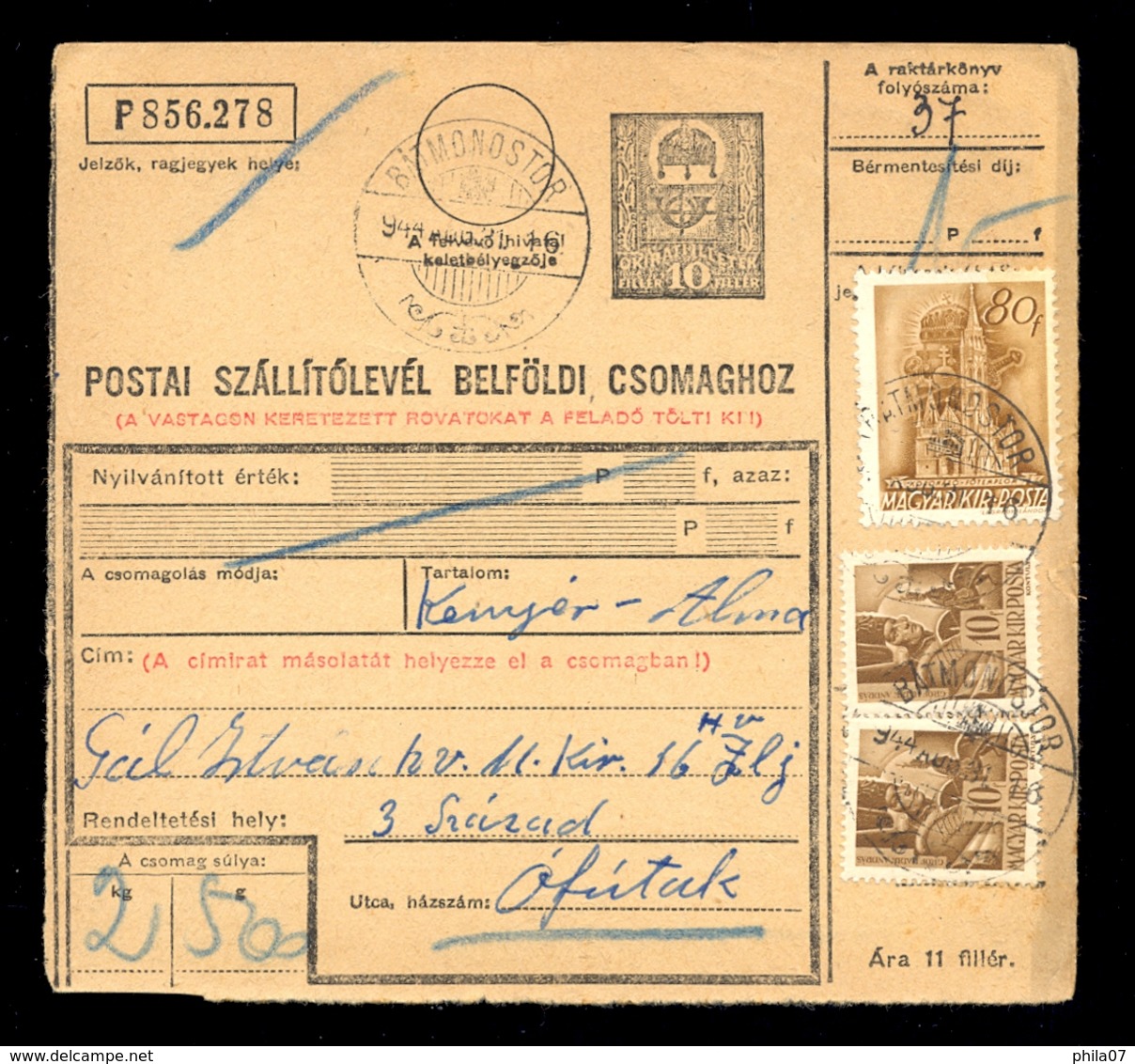 Hungary - Parcel Card Sent From Batmonostor To Ofutak 1944. / 2 Scans - Autres & Non Classés
