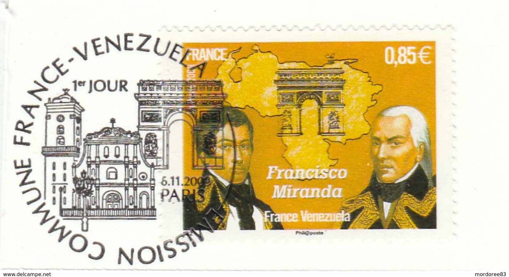 FRANCE 2009 GENERAL FRANSISCO MIRANDA OBLITERE 1ER JOUR SUR FRAGMENT YT 4408 -                          TDA95A - Used Stamps