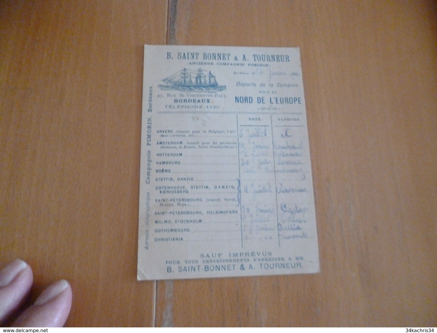 Carte Pub Format CPA B.Saint Bonnet A.Tourneur Bordeaux 1895 Date Horaires Départs Vapeurs - Transportmiddelen