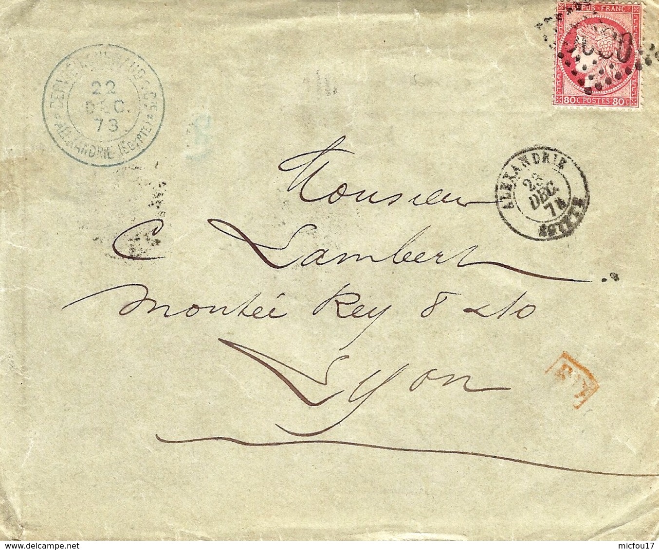1874- Lettre D'ALEXANDRIE Affr. N° 57 Oblit. G C 5080 Pour Lyon - Covers & Documents