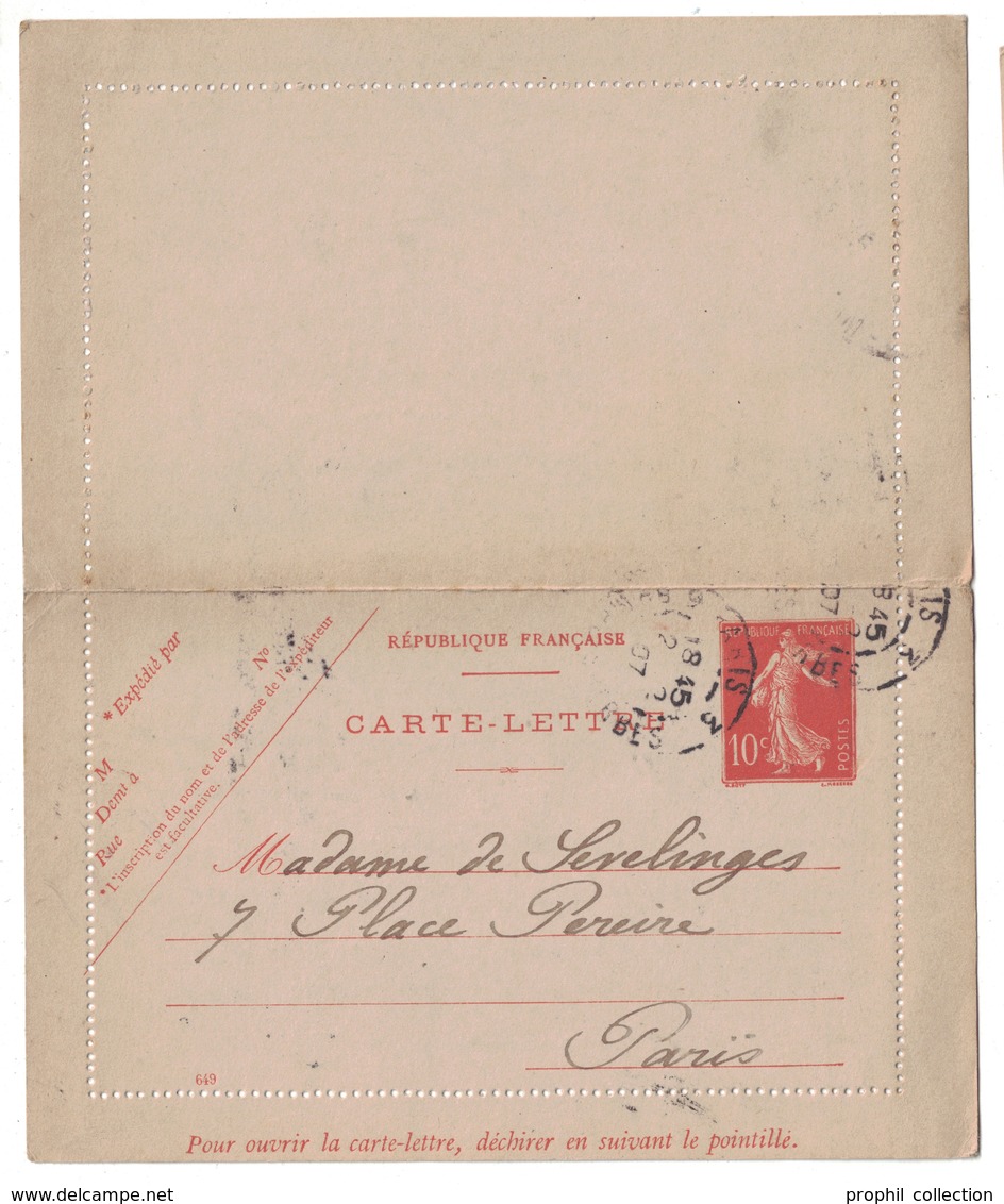 TYPE SEMEUSE CAMÉE - ENTIER POSTAL CARTE-LETTRE 10c ROUGE (CHIFFRES MAIGRES) OBLITÉRÉ (DATE 649) - Kaartbrieven