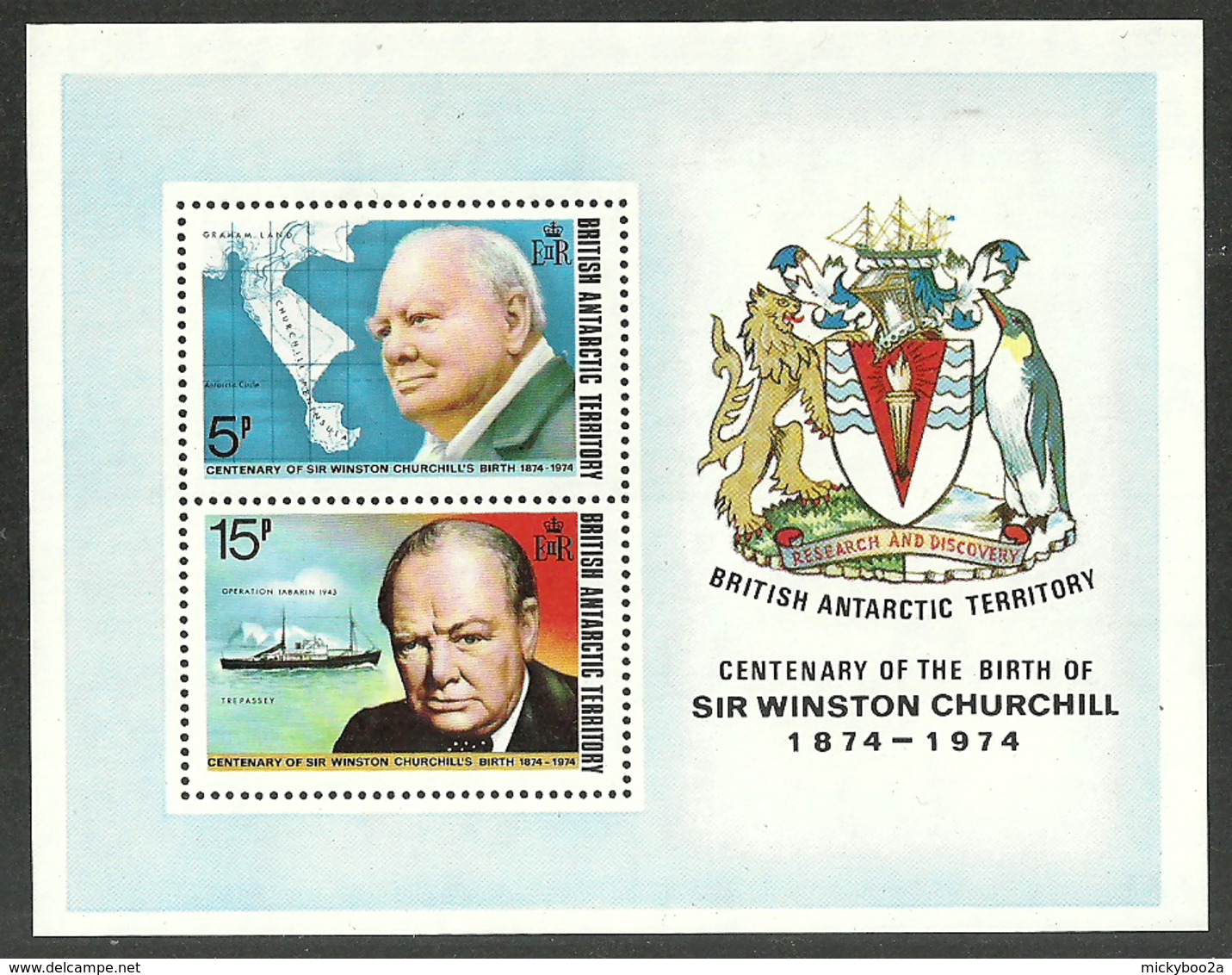 BRITISH ANTARCTIC 1974 CHURCHILL MILITARY COAT OF ARMS PENGUINS M/SHEET MNH - Unused Stamps