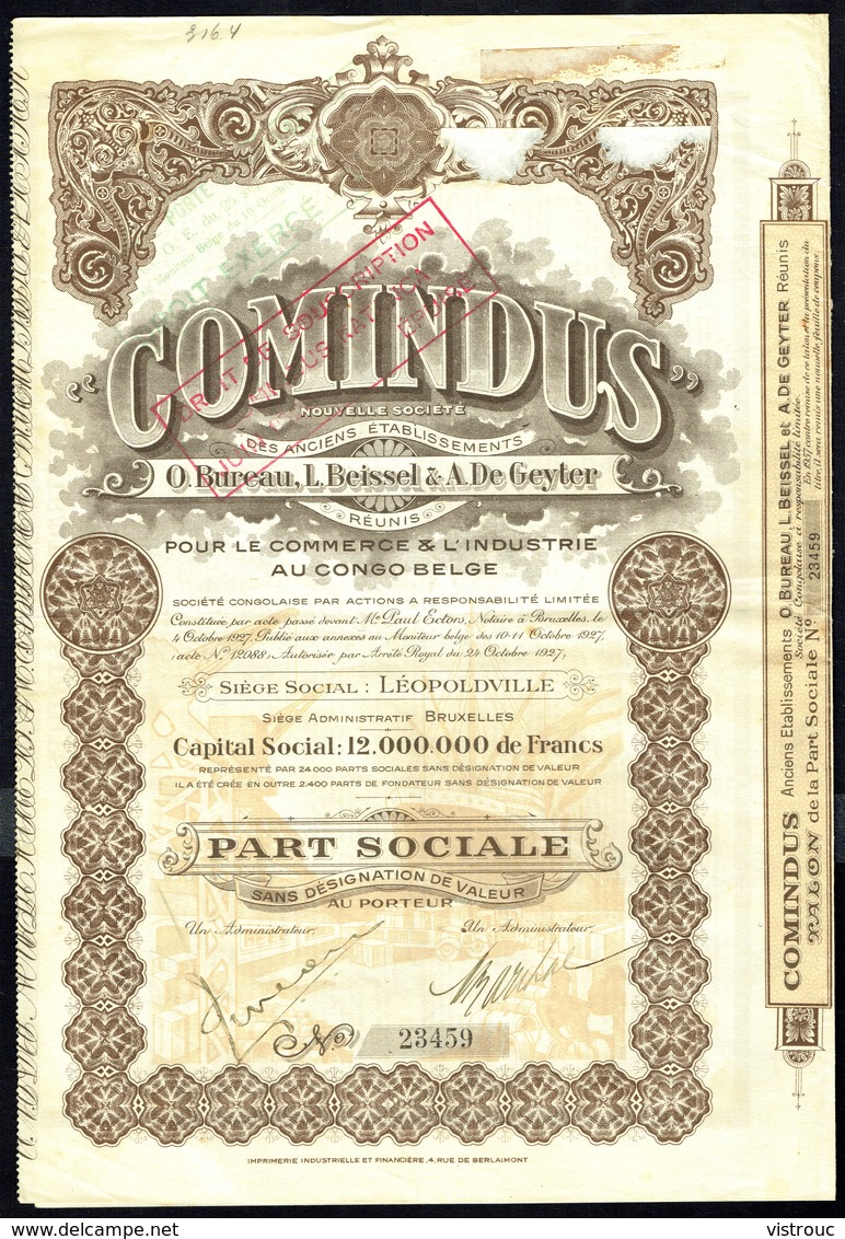 "COMINDUS", Pour Le Commerce Et L'industrie Au Congo Belge - Part Sociale - 1927. - Industrie