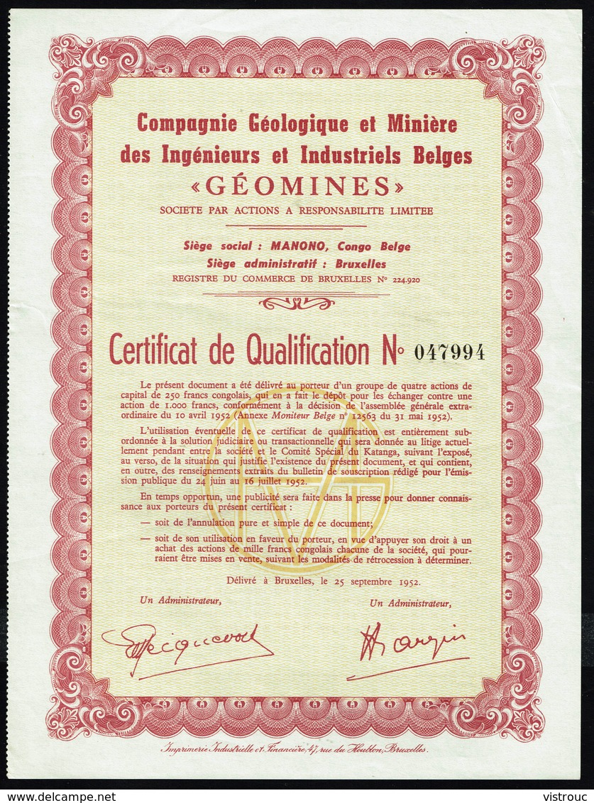 COMPAGNIE GEOLOGIQUE ET MINIERE DES INGENIEURS ET INDUSTRIEL BELGES "GEOMINES" - Certficat De Qualification - 1952. - Mines