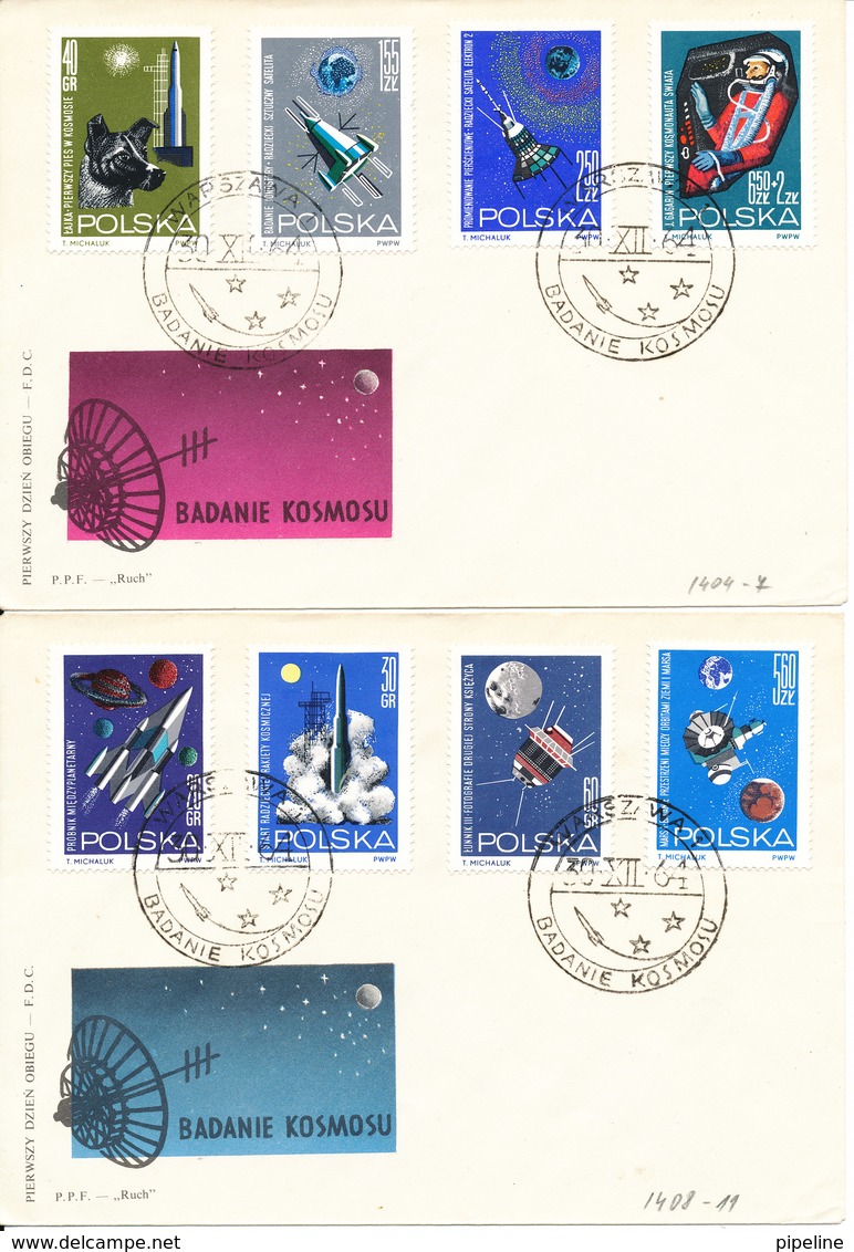 Poland FDC 30-12-1964 Complete Set Of 8 SPACE On 2 Covers With Cachet - Europe