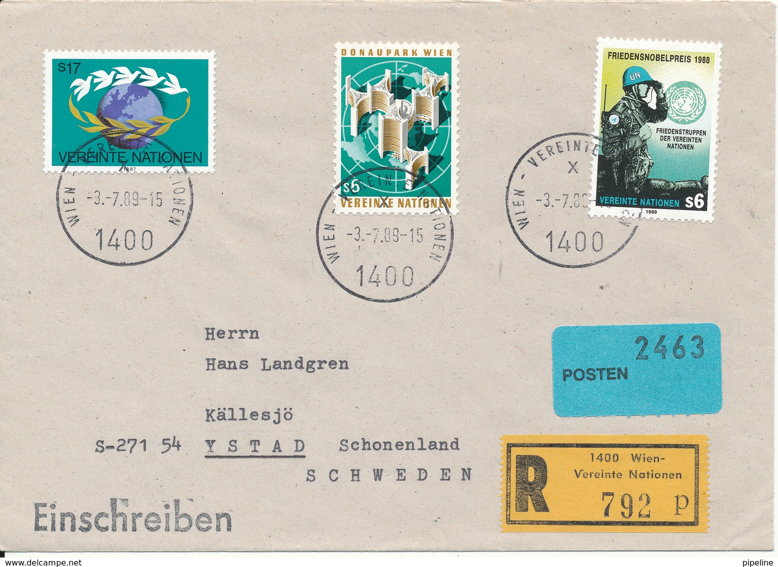 Austria UN Vienna Registered Cover Sent To Sweden 3-7-1989 - Covers & Documents