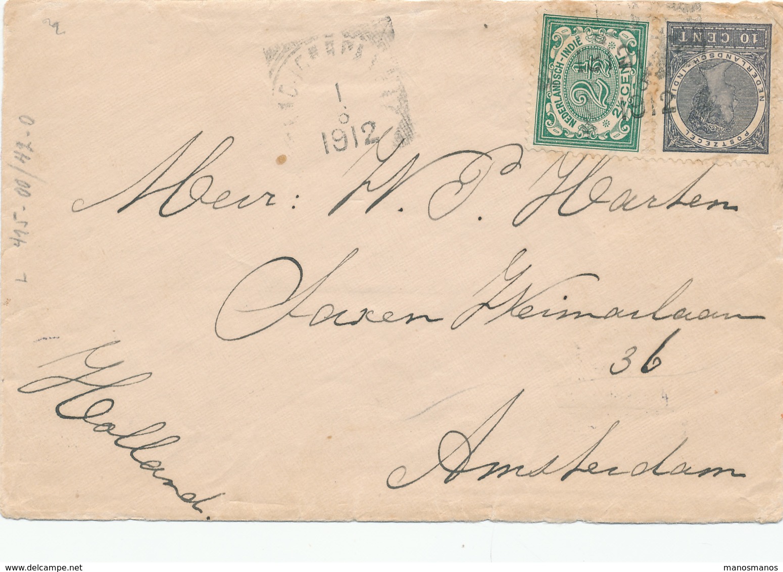 268/27 - SINGAPORE / NL INDIES - Lettre TP NL Indies BILLITON 1912 Vers AMSTERDAM Via N.I. Postagent SINGAPORE - Niederländisch-Indien