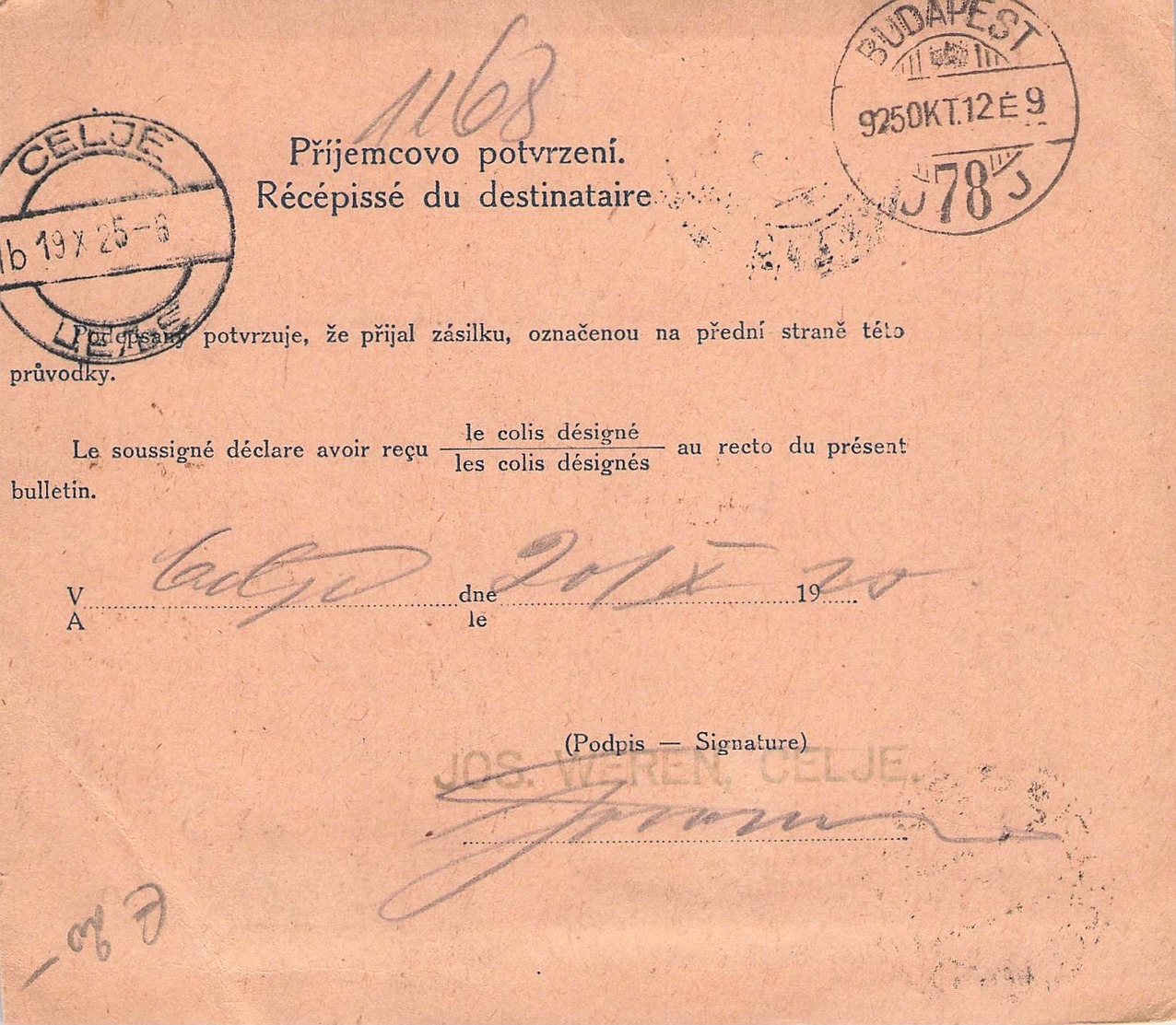 CZECHOSLOVAKIA - BULLETIN D'EXPEDITION 1925 USTI -> CELJE/JUGOSLAVIA - Briefe U. Dokumente