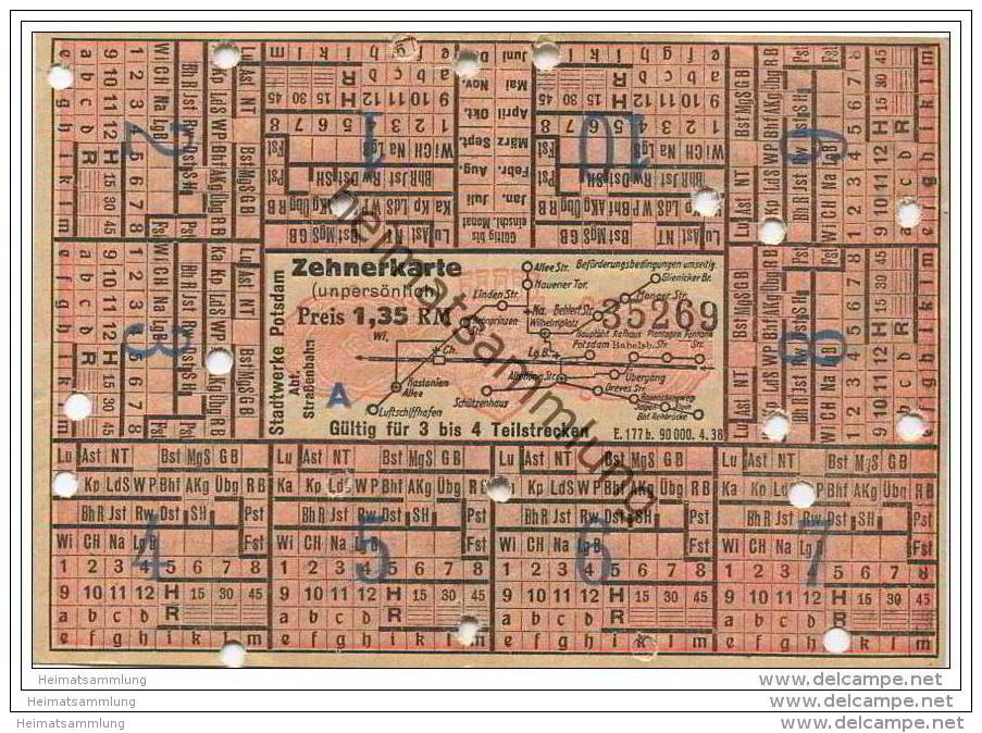 Fahrkarte - Stadtwerke Potsdam - Abt. Strassenbahn - Zehnerkarte - Gültig Für 3 Bis 4 Teilstrecken 1,35 RM 1938 - Europa