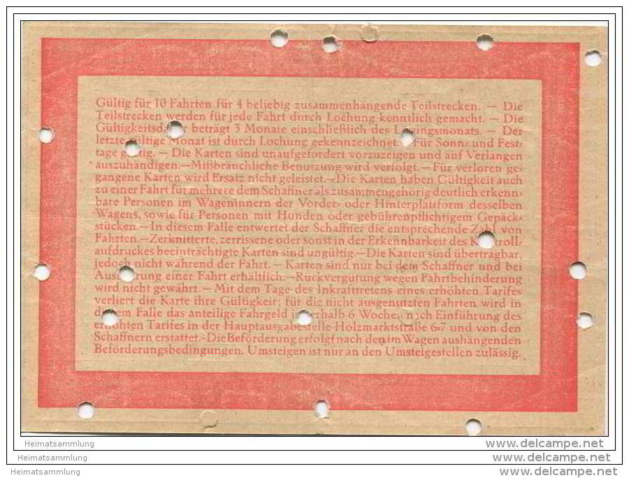 Fahrkarte - Stadtwerke Potsdam - Abt. Strassenbahn - Zehnerkarte - Gültig Für 3 Bis 4 Teilstrecken 1,35 RM 1938 - Europa