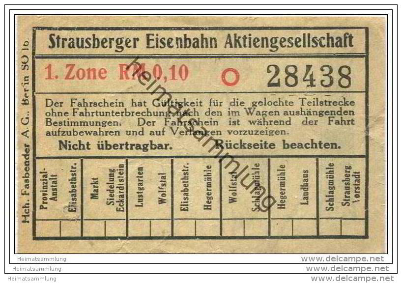 Fahrschein - Strausberg - Strausberger Eisenbahn Aktiengesellschaft - Fahrschein 1. Zone RM 0,10 - Europa