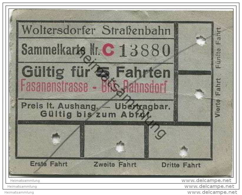 Fahrschein - Woltersdorf - Woltersdorfer Strassenbahn - Sammelkarte - Fahrkarte - Gültig Für 5 Fahrten - Fasanenstrasse - Europa