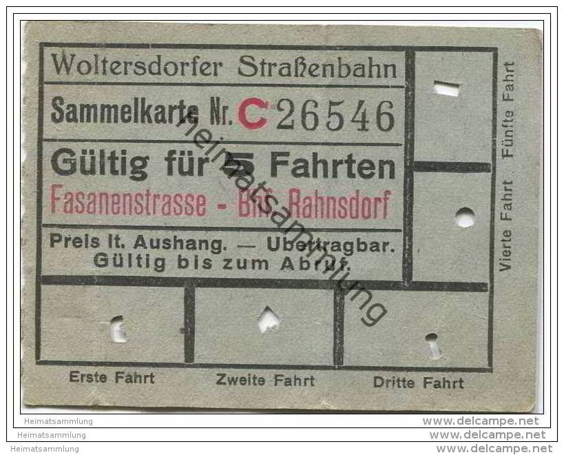 Fahrschein - Woltersdorf - Woltersdorfer Strassenbahn - Sammelkarte - Fahrkarte - Gültig Für 5 Fahrten - Fasanenstrasse - Europe