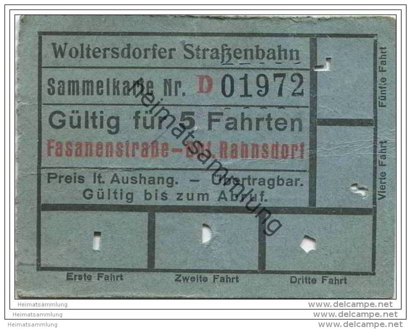 Fahrschein - Woltersdorf - Woltersdorfer Strassenbahn - Sammelkarte - Fahrkarte - Gültig Für 5 Fahrten - Fasanenstrasse - Europe