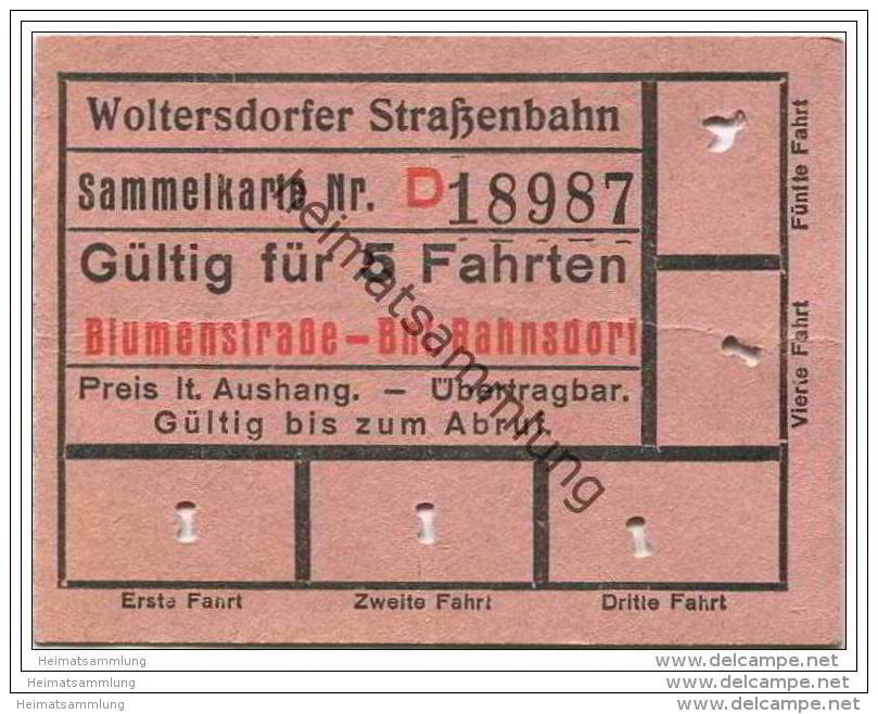 Fahrschein - Woltersdorf - Woltersdorfer Strassenbahn - Sammelkarte - Fahrkarte - Gültig Für 5 Fahrten - Blumenstrase - Europe