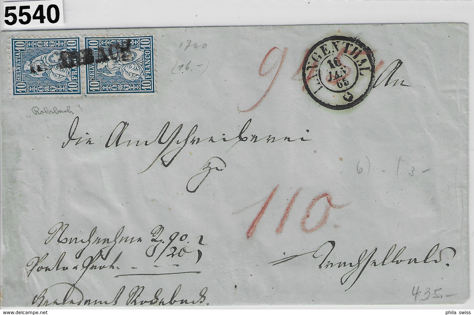 1865 Sitzende Helvetia 31/23 Im Paar Balkenstempel Rohrbach To Langenthal 16. Jan. 65 Via Sumiswald Burgdorf - Briefe U. Dokumente