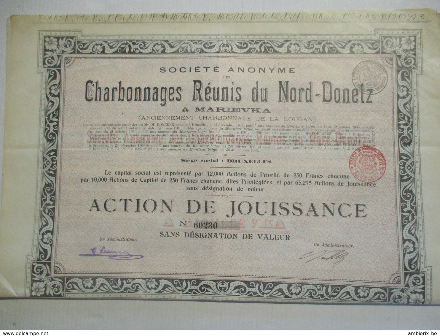 Charbonnages Réunis Du Nord Donetz - Marievka - Action De Jouisance ( De 63215 Titres) - Russie