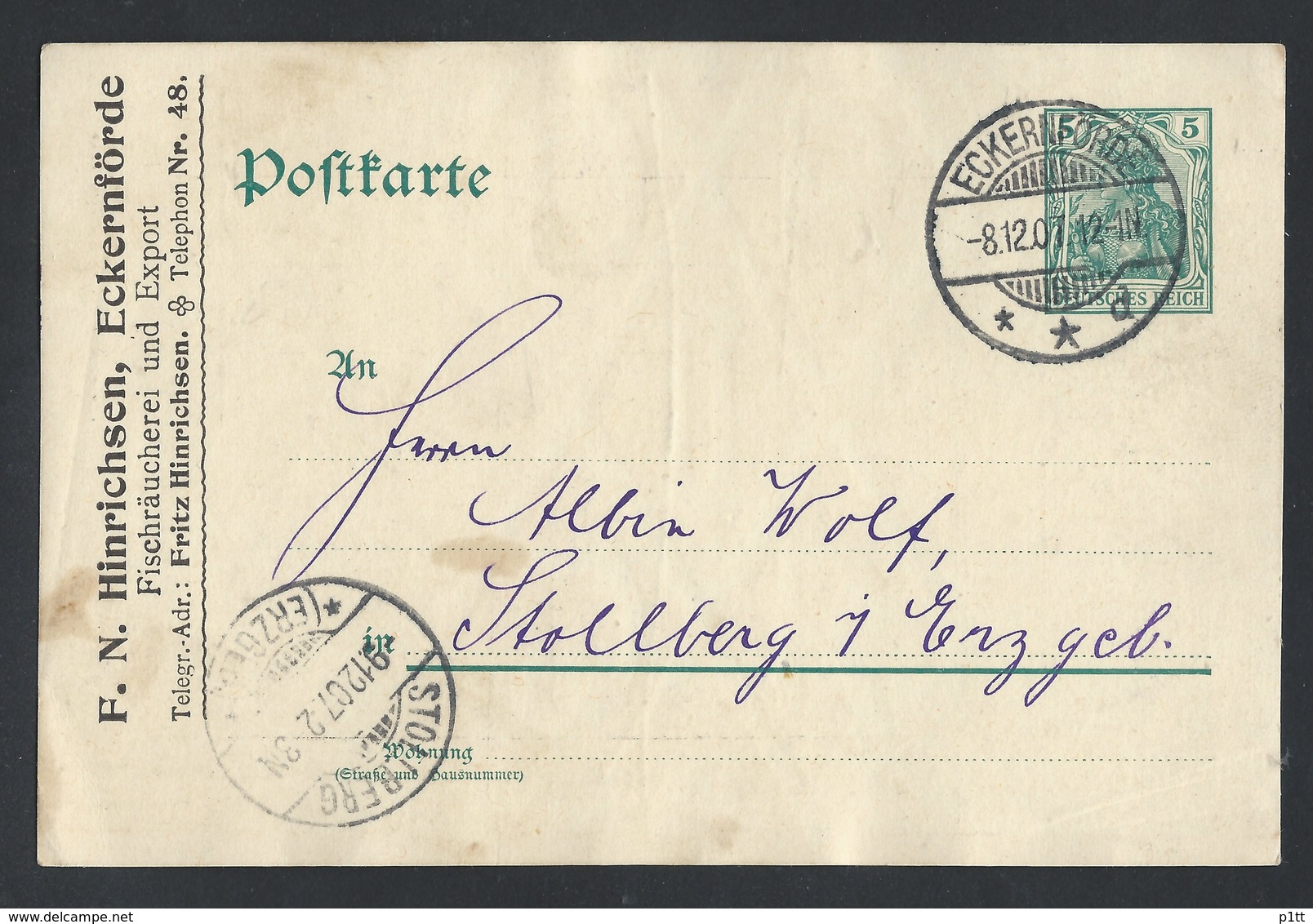 19de.Postkarte. Es Gab Eine Post Im Jahr 1907 Eckernforde  Stollberg. Deutsches Reich. Rechnung - Lettres & Documents