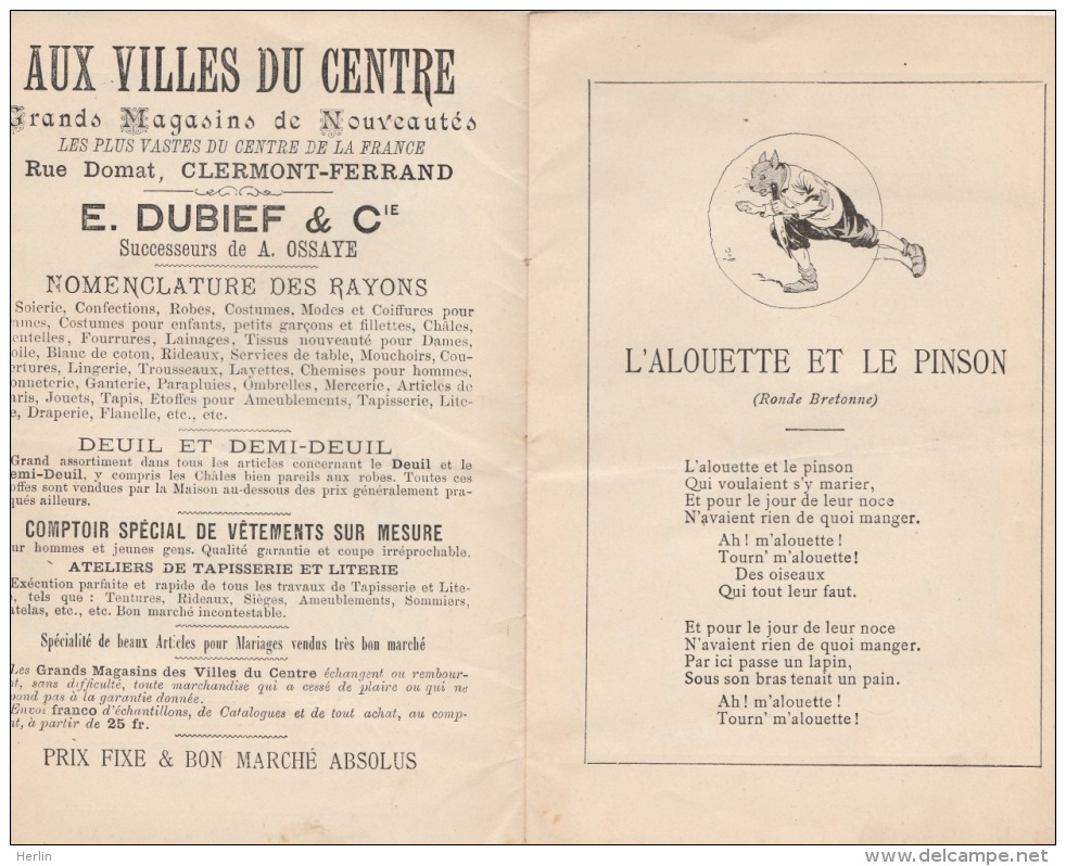 CV - CLERMONT-FD - Grands Magasins Aux Villes Du Centre - L'Alouette Et Le Pinson - Ill. Job - Pubblicitari