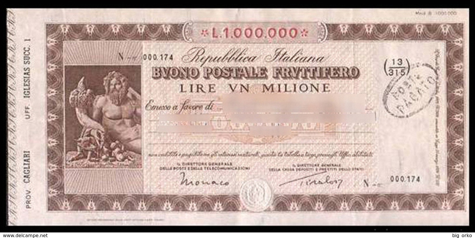 Buono Postale Fruttifero 1979 - Lire 1.000.000 (Iglesias / Succursale 1) - Altri & Non Classificati
