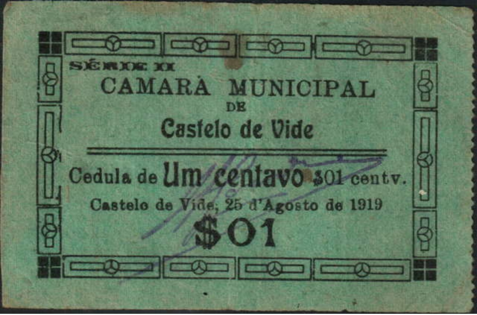 CÉDULA DE 1 CENTAVO SÉRIE XX DE 25-AGO-1919-CÂMARA MUNICIPAL DE CASTELO DE VIDE - Portugal