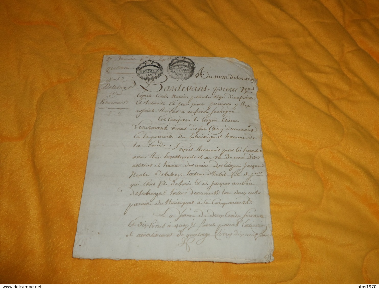 DOCUMENT MANUSCRIT PERIODE DE LA REVOLUTION DU 27 BRUMAIRE AN 2. (1793). / QUITTANCE. ENREG. AU NEUBOURG 12 FRIMAIRE AN - Manuscripten