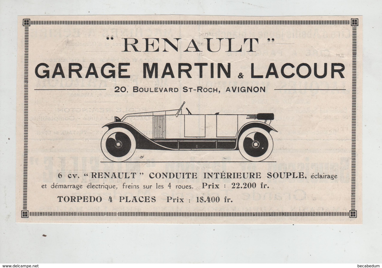 Publicité Avignon 1926 Renault Garage Martin Lacour Torpedo - Publicités