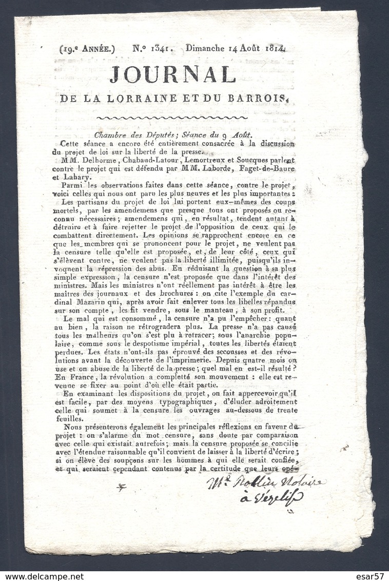 Journal De La Lorraine Et Du Barrois Du 14 Août 1814 ( Napoléon I ) Avec De Beaux Cachets - 1800 - 1849