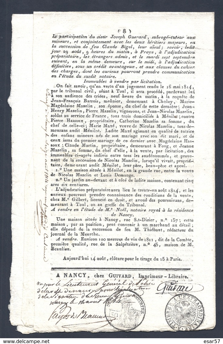 Journal De La Lorraine Et Du Barrois Du 14 Août 1814 ( Napoléon I ) Avec De Beaux Cachets - 1800 - 1849