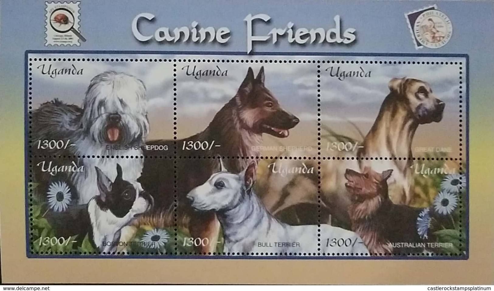 O) 2001 UGANDA, DOGS-APS STAMPSHOW -INSECT- PHILATELIC SOCIETY - SHEEPDOG -SHEPERD - GREAT DANE -BOSTON TERRIER - BULL T - Uganda (1962-...)